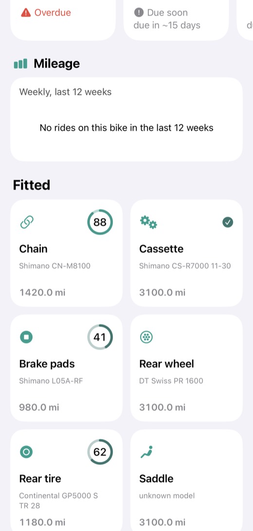 A bike's fitted parts: chain, cassette, brake pads and tires with their miles