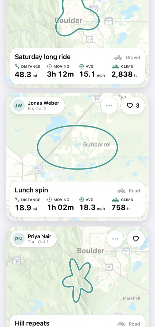 The ride feed with route maps and ride stats