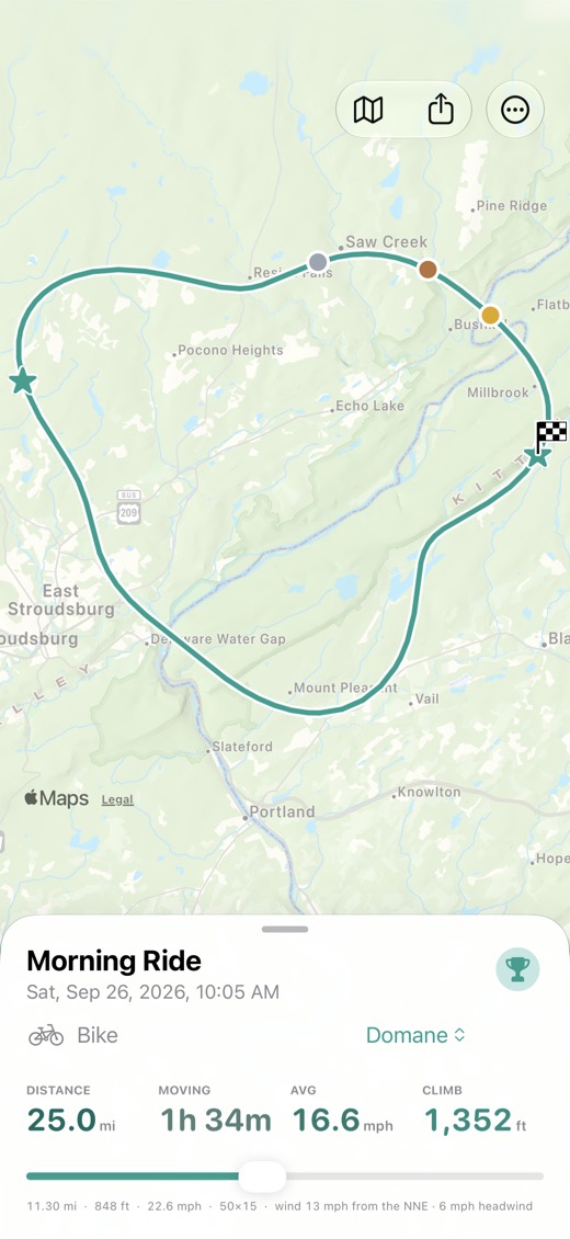 A ride in Velo: the route on a map, with distance, moving time, average speed and climb